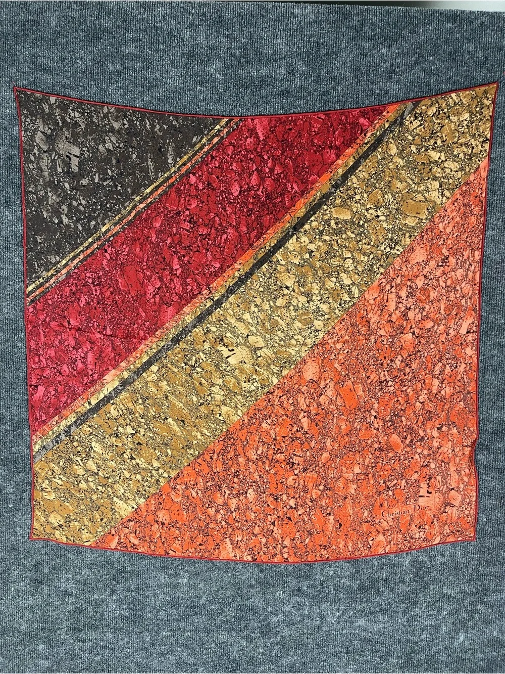 Dior Red Marble-Print Velvet Scarf with Burgundy Trim